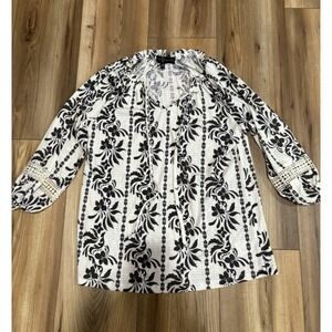 Fred David Women's Ivory Gray Boho Flowing V-neck Blouse Floral Sz Small